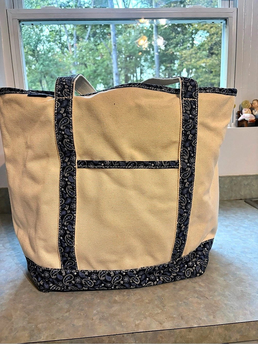 Lands' End Medium 5 Pocket Open Top Canvas Tote Bag Beige & Blue